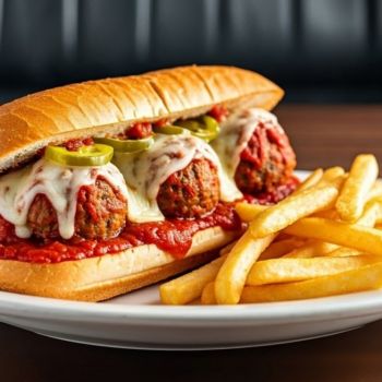 Indoor,Photo,Of,An,Italian,Meatball,Sub,,Three,Meatballs,Topped Indoor,Photo,Of,An,Italian,Meatball,Sub,,Three,Meatballs,Topped